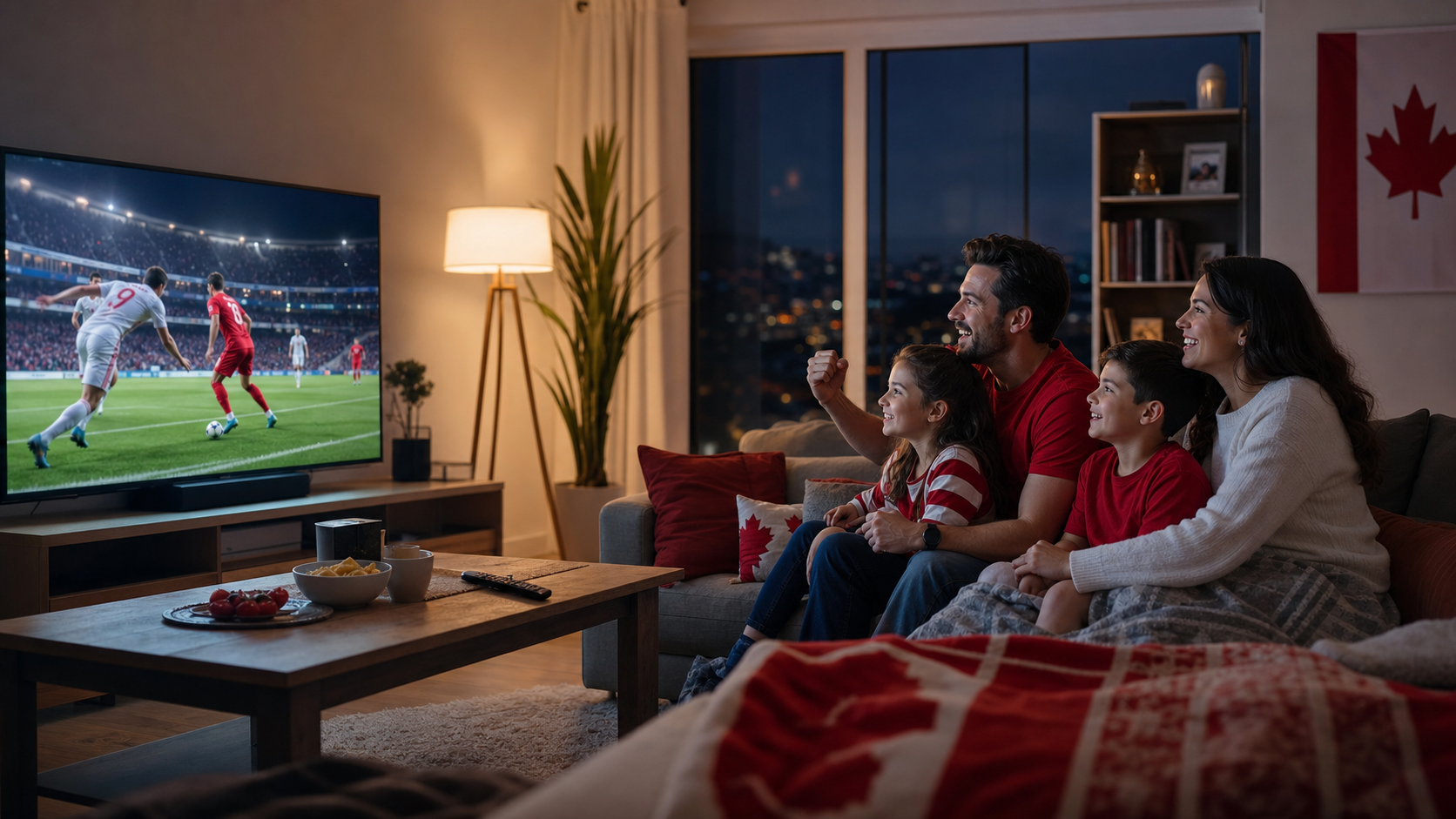 Canadian family watching live sports on a smart TV