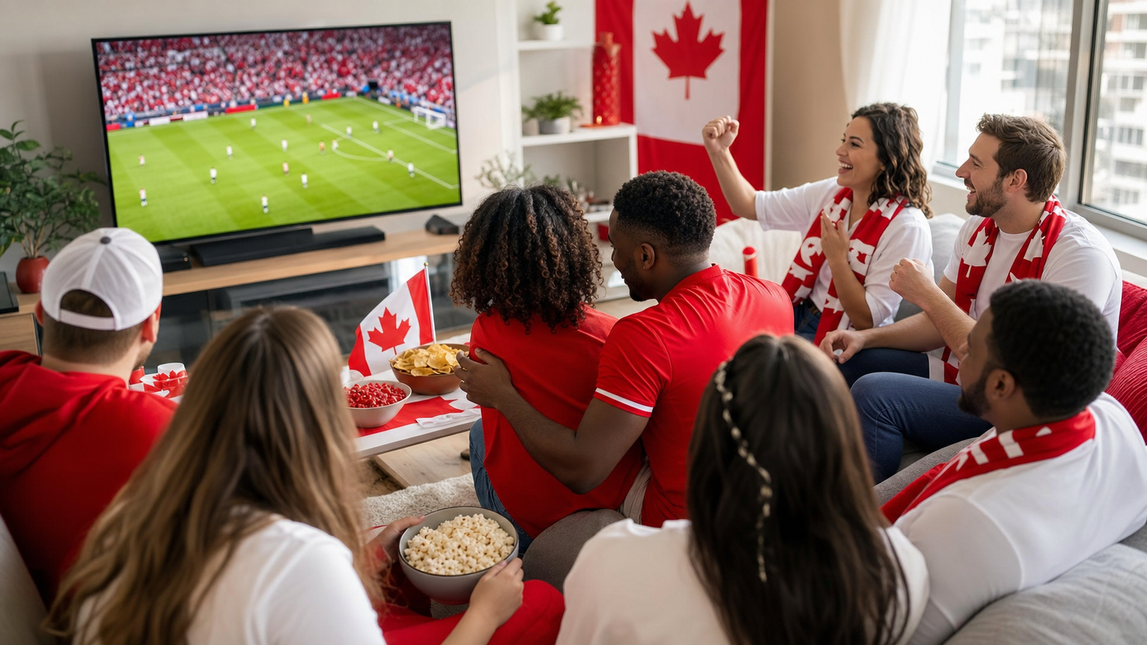 Canadian friends watching a soccer tournament at home