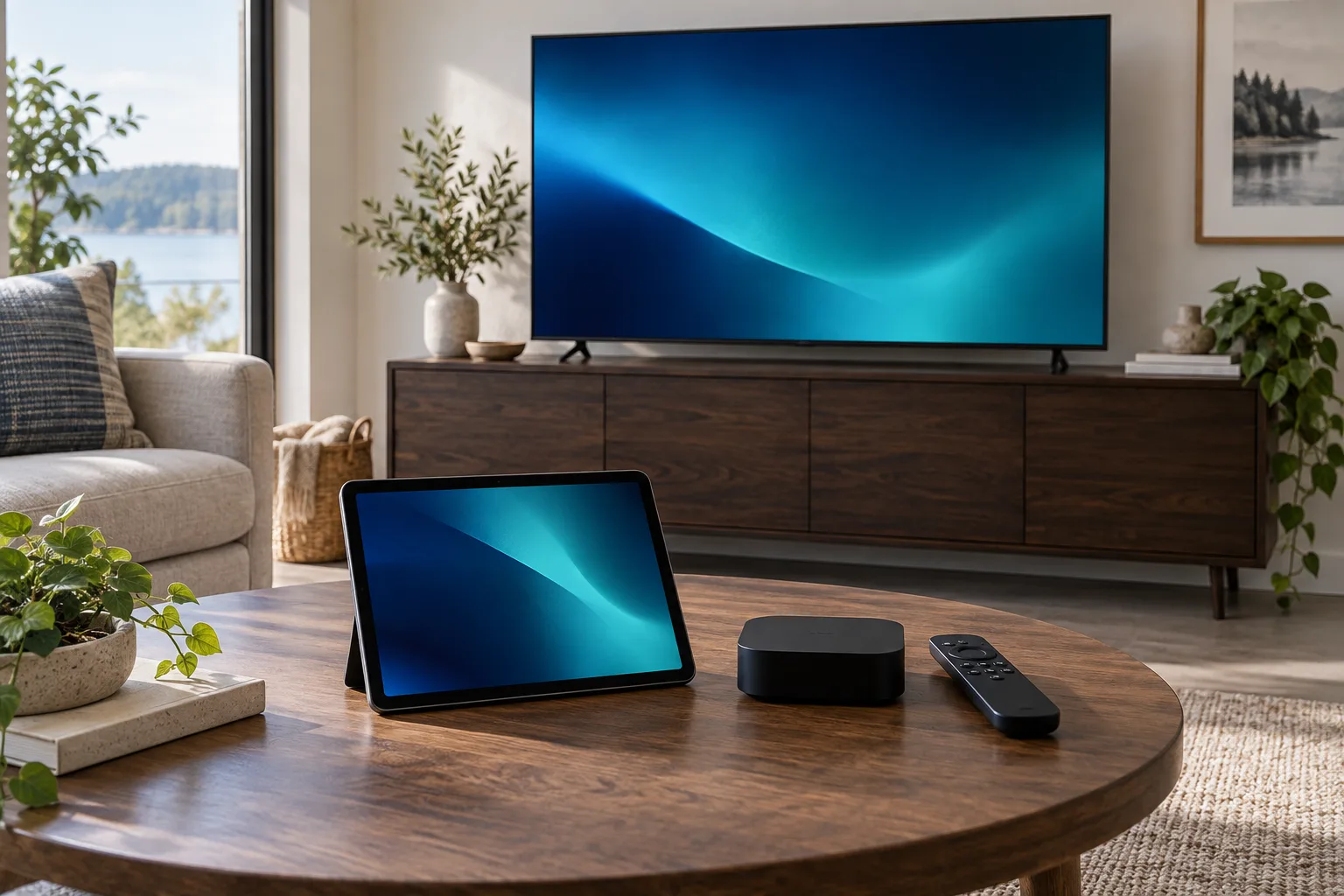 Television, tablet, streaming box and remote arranged in a living room with abstract blue screens.