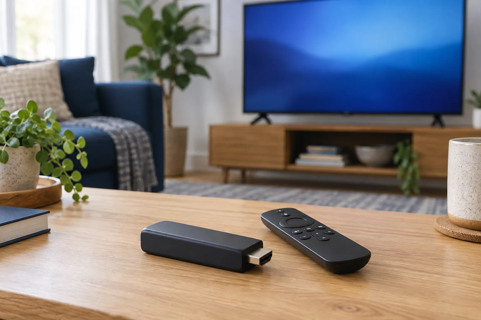 Unbranded streaming stick and remote on a wooden table with a television in the background.