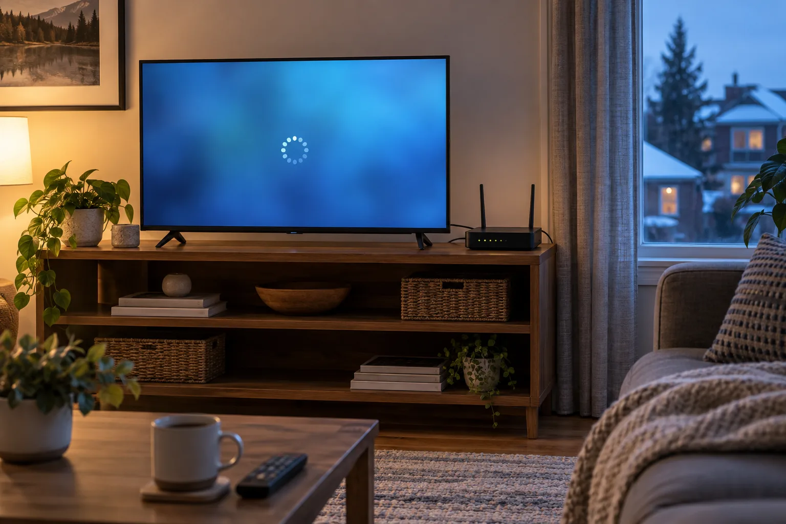 Television showing a loading indicator beside a home router in a living room.