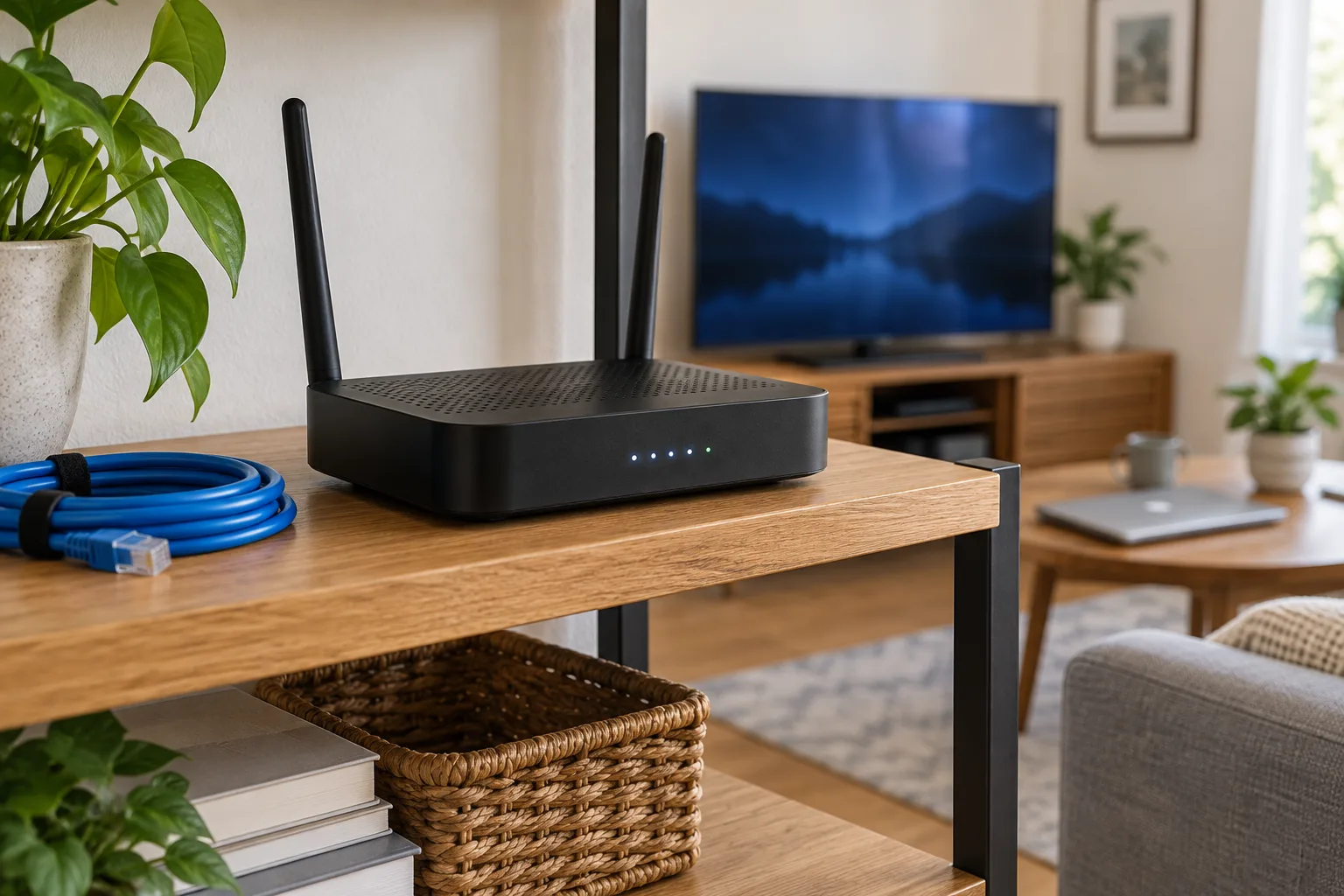 Black home router and coiled Ethernet cable on a shelf with a television behind them.