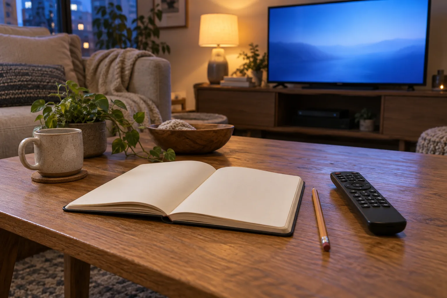 Notebook and pencil beside a remote with a television softly visible in the background.